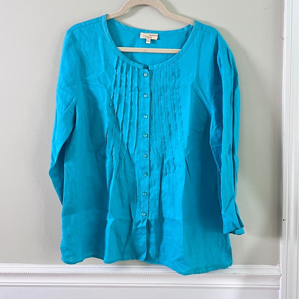 Choices Linen Pintuck Blouse Large Womens JLNB0009 3/4 Sleeve Aqua Coastal